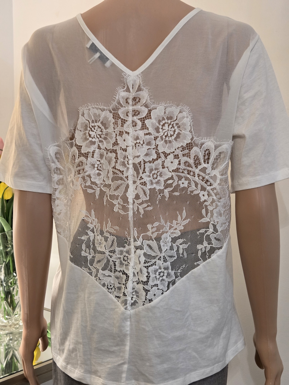 SoSandro White Short Sleeve Tee with Floral Lace Back Panel